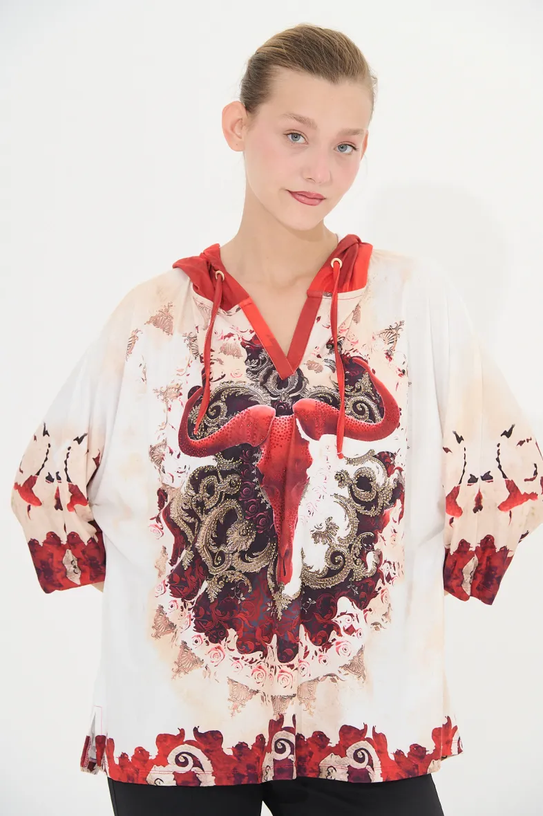 Bluse mit Kapuze mit Strass-Print