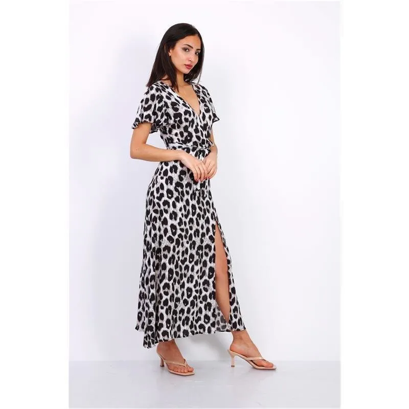 Damen Sommer Maxikleid mit Animalprint in Leopard-Optik Grau