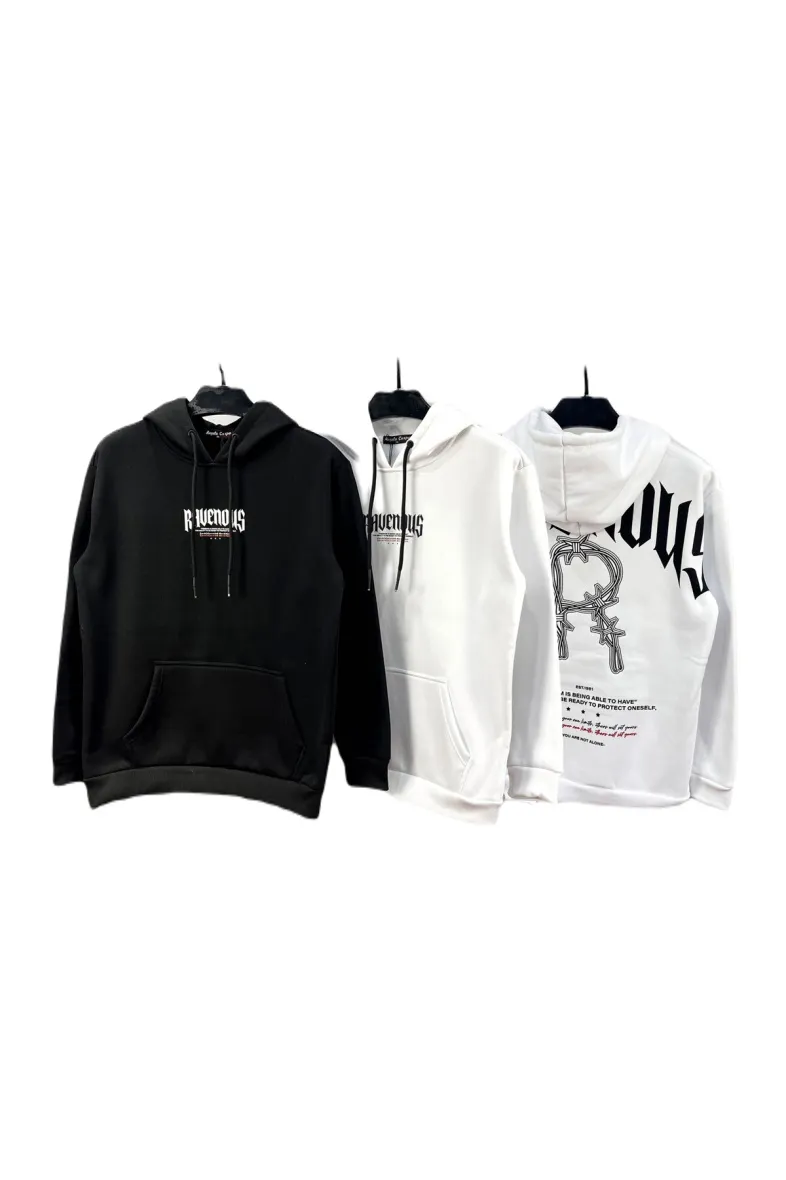 Einfarbiges Herren-Sweatshirt mit Kapuze und „RAVENOUS“-Muster