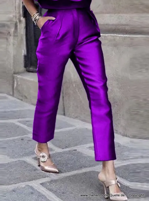 Elegante Satin Damen Hose Gerade Geschnitten in Lila
