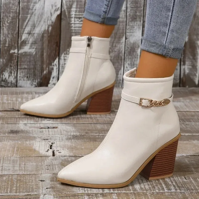 Heidi-Mode | Damen Stiefeletten mit Reißverschluss, spitze Kappe und Blockabsatz