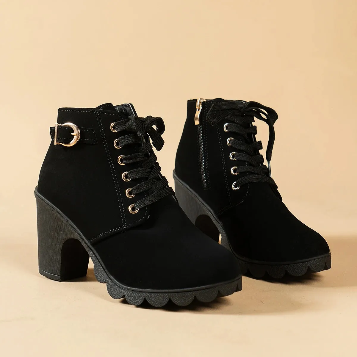 Heidi-Mode | Damen Stiefeletten mit Schnürung, Schnalle und Reißverschluss