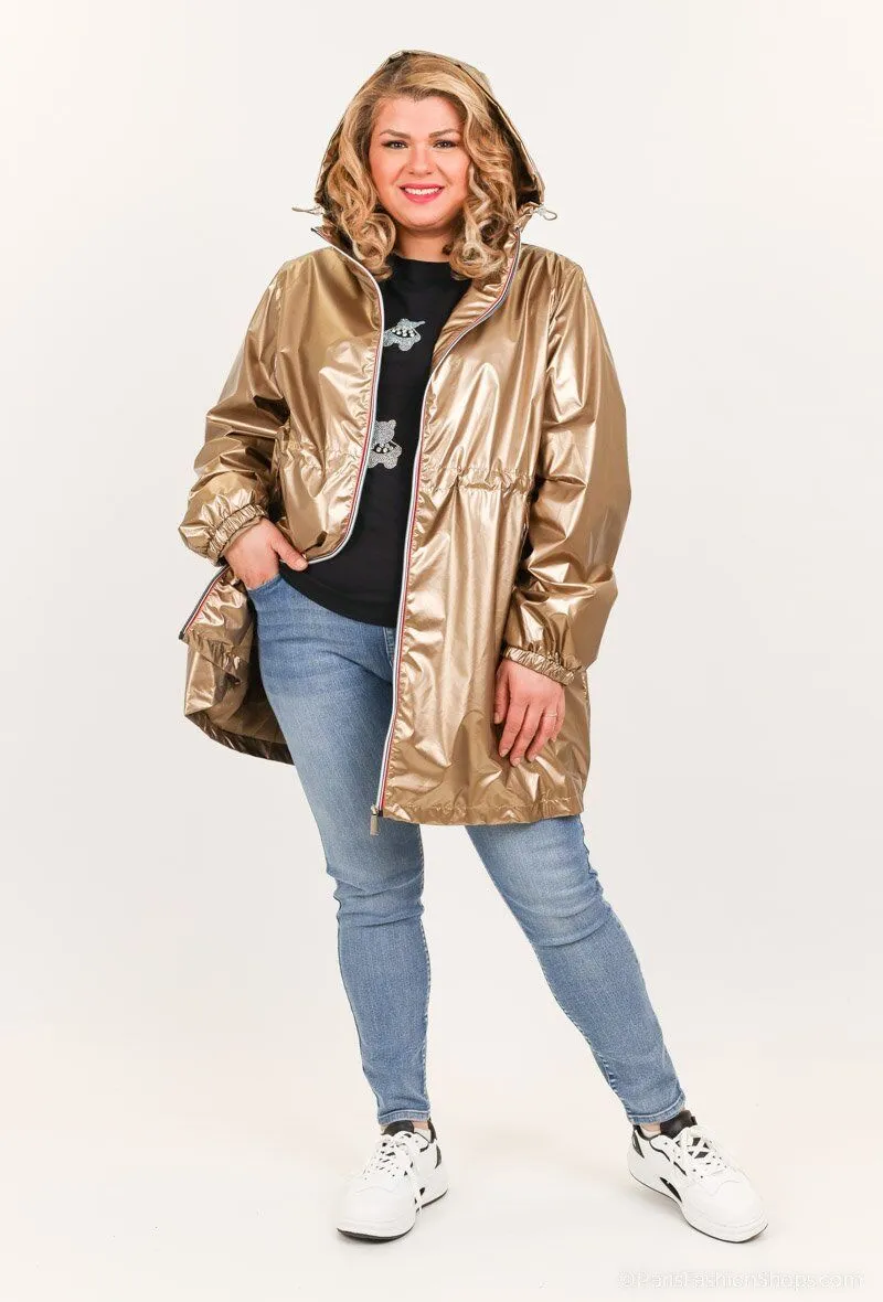 Langer Metallic-Windbreaker mit Kapuze und farbigem Reißverschluss Plus-Größe