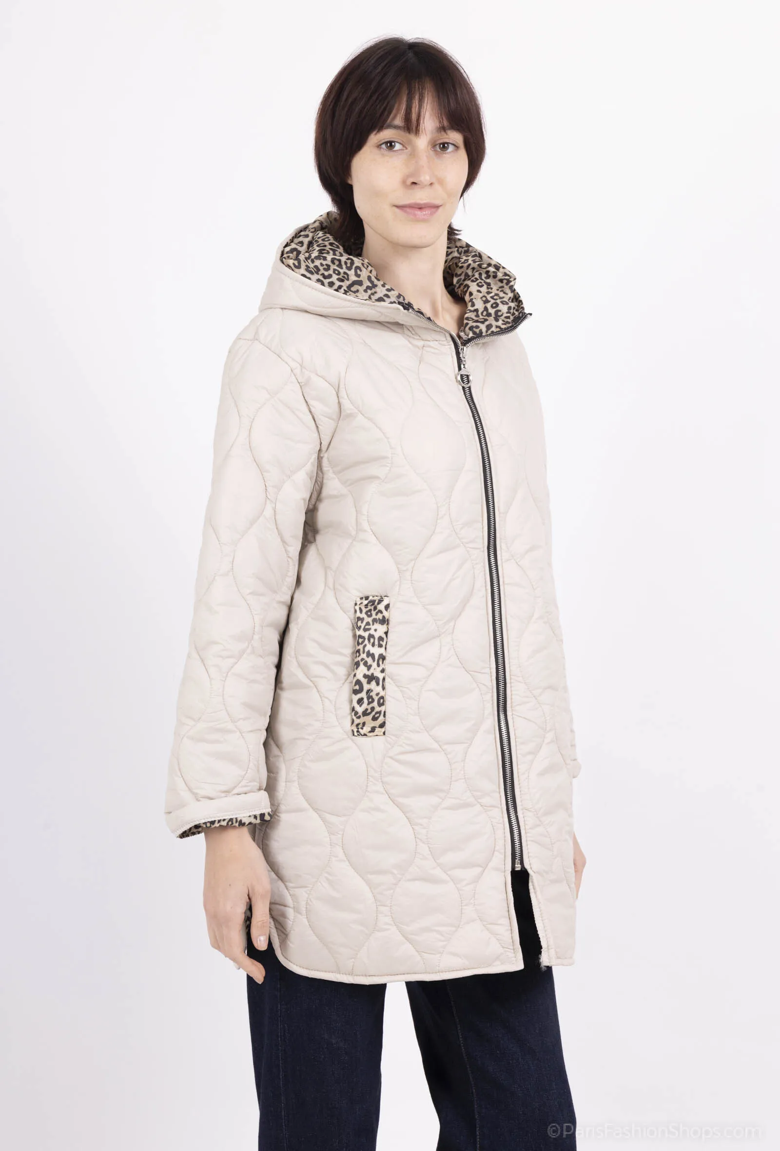 Pufferjacke kapuze 2 taschen animalprint