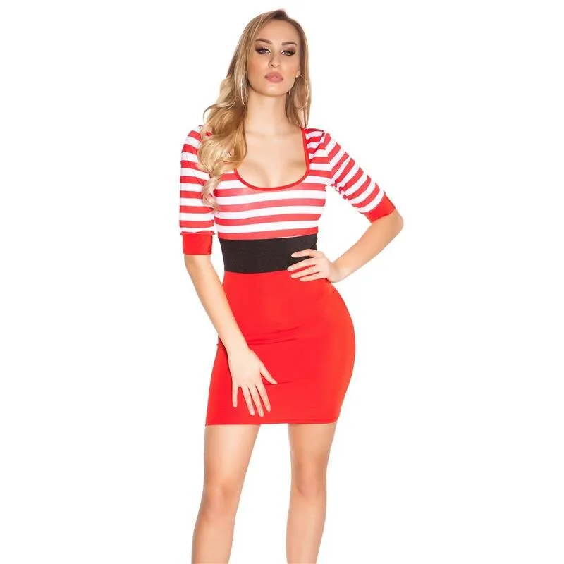Sexy Damen Kurzarm Minikleid in Marine-Look gestreift Rot